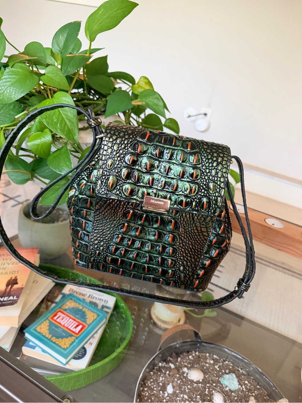 Brahmin Green Croc-Embossed Crossbody with Orange Accents